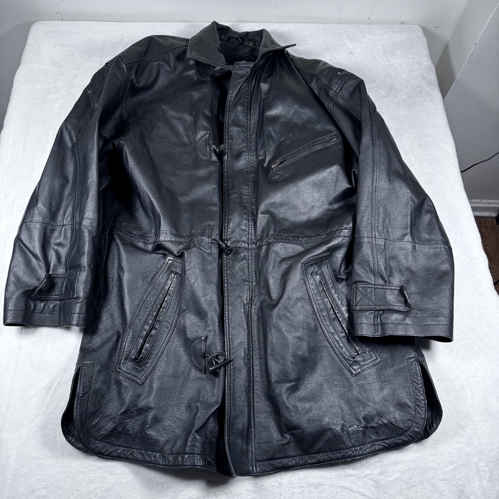Fashion‎ Elements Jacket Mens Large Black Leather Car Coat Removable Liner